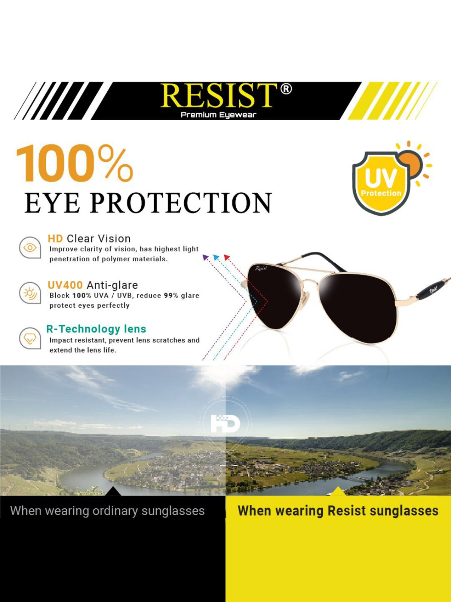 Resist Eyewear Black Aviator Unisex Sunglasses