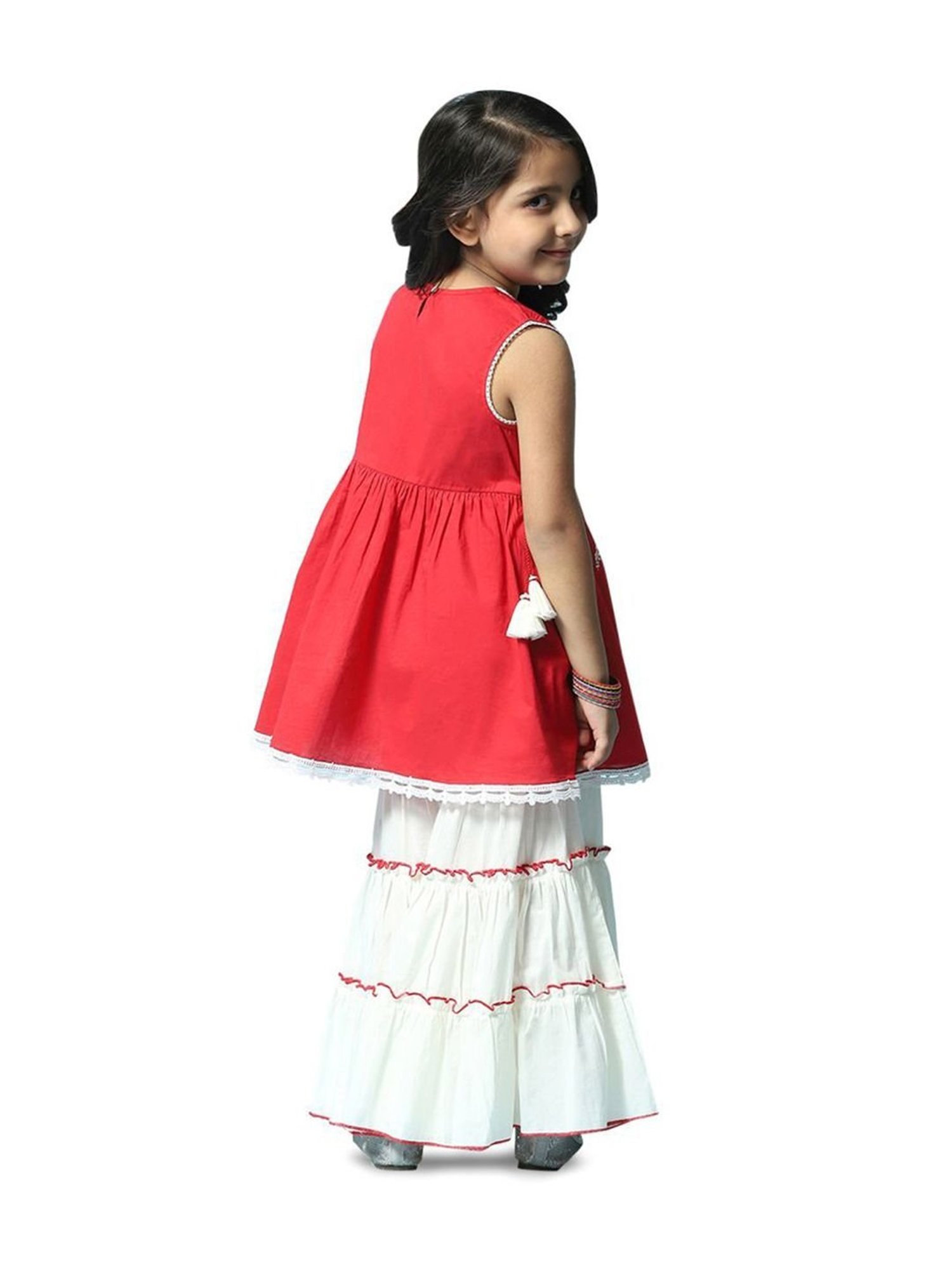 Biba Girls Red & White Cotton Embroidered Kurta Set