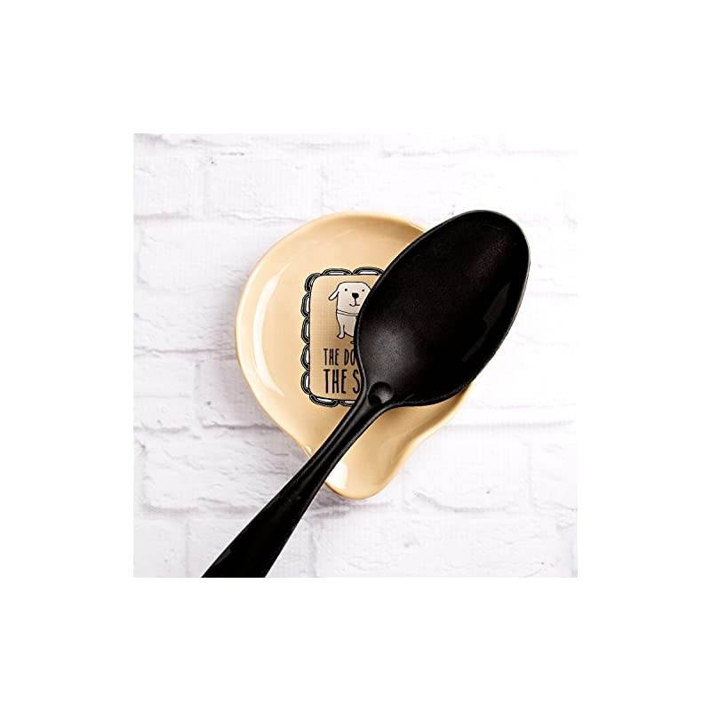 It's Cats & Dogs-"The Dog Licked The Spoon" Tan Ceramic Spoon Rest, Small, Beige