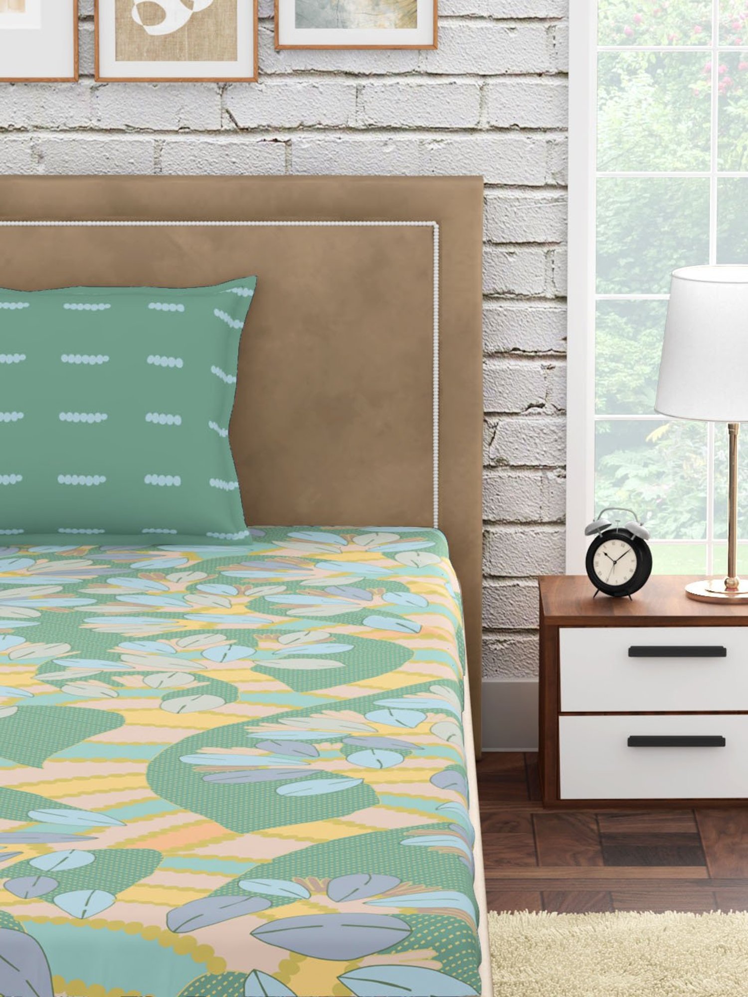 Petal Home Gondi Tree Floral Green 300 TC Cotton Single Bed Sheet with 1 Pillow Cover