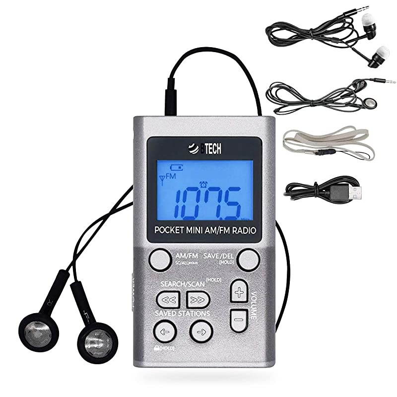 MPRAF1 AM FM Personal Radio with Two Types of Stereo Headphones Clock Great Reception and Long Battery Life Mini Pocket Walkman Radio with Headphones Silver