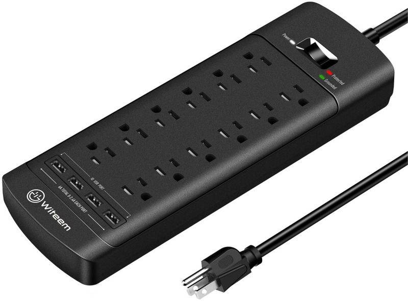 Power Strip,Witeem Surge Protector with 12-Outlet (1875W/15A,4360Joules) and 4 USB Charging Ports (5V/6A,30W),6Ft Extension Cord,Wall Mountable Overload Protection Outlet for Home & Office, Black