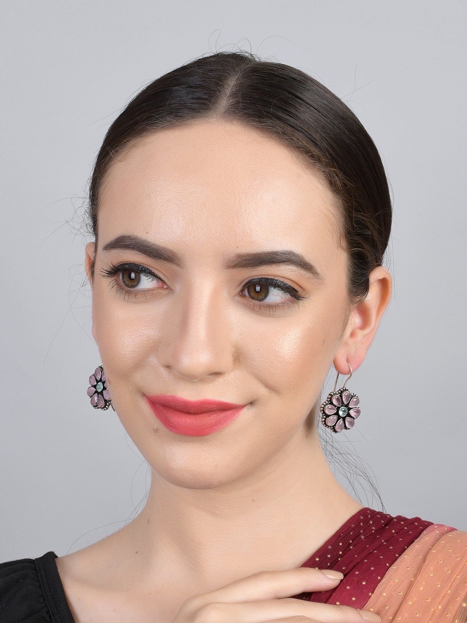 Imli Street Pink-Green Silver Tone Stone-Studded Handcrafted Drop Earrings