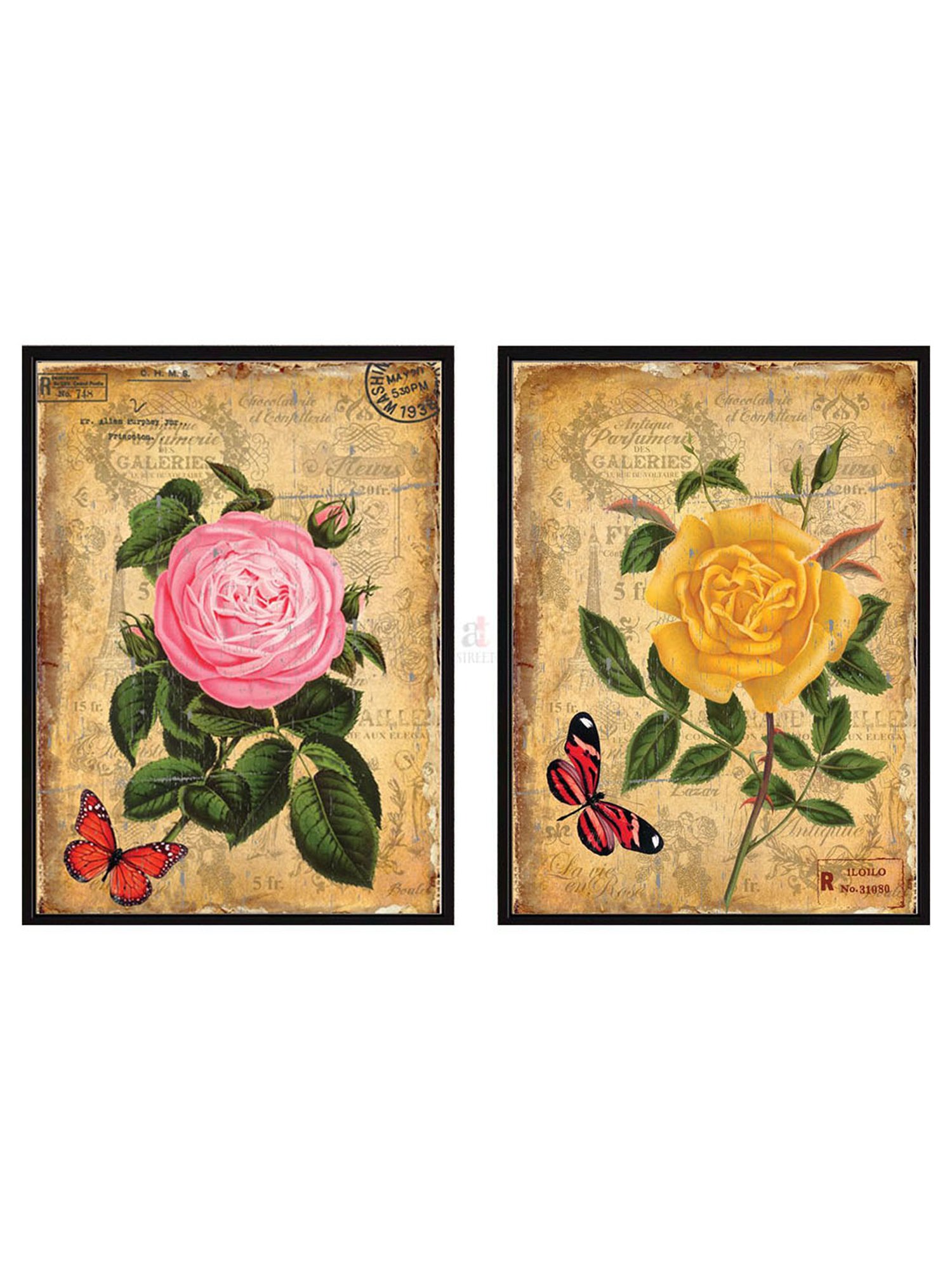 Art Street Rose Printed Brown Engineered Wood Wall Art (Set of 2)