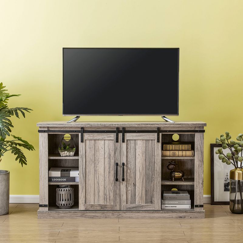 54" Sliding Doors TV Stand For TVs up to 60" with Electric Fireplace Antique Gray Oak - Home Essentials