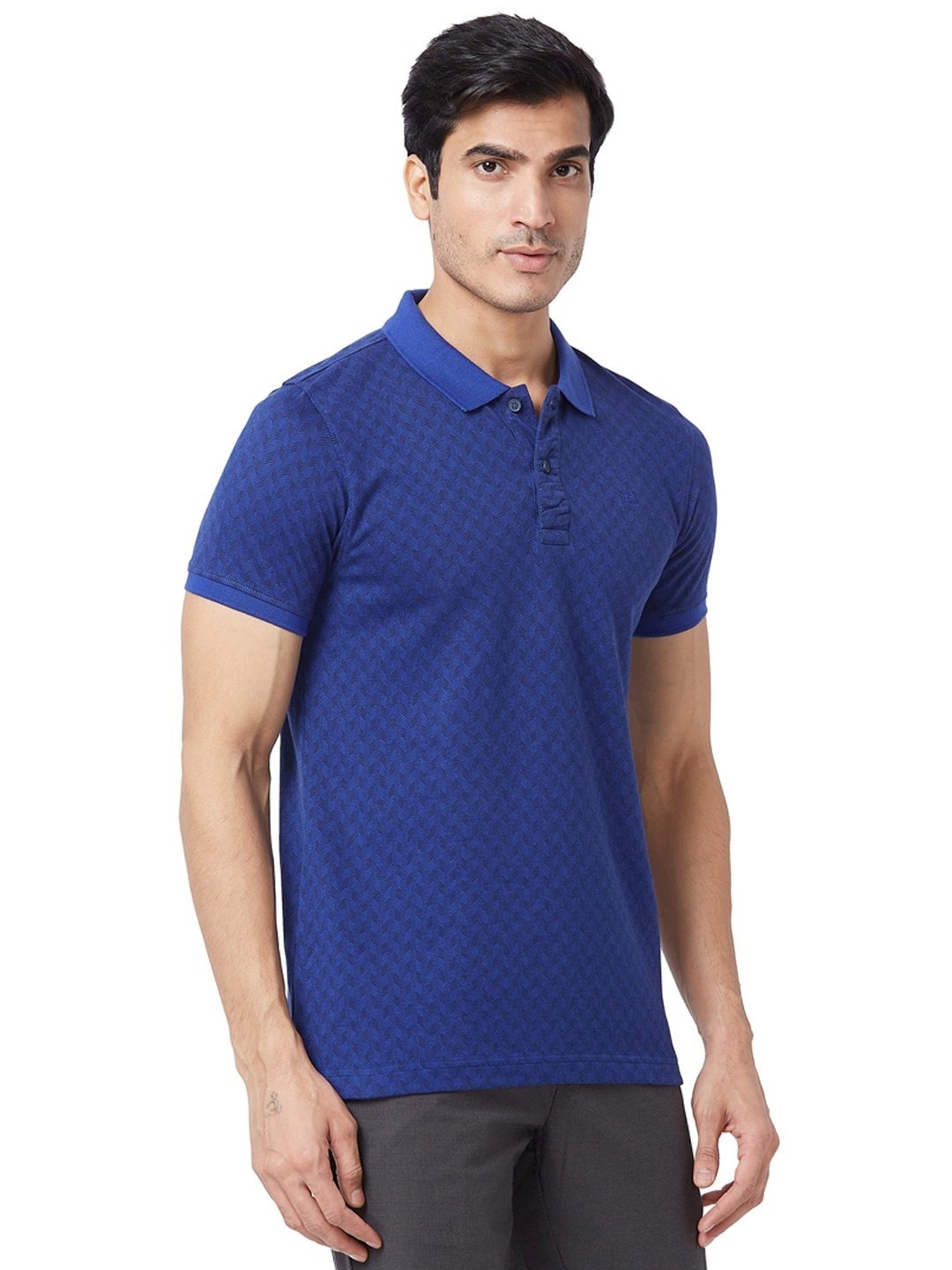 ColorPlus Blue Cotton Tailored Fit Checks Polo T-Shirt