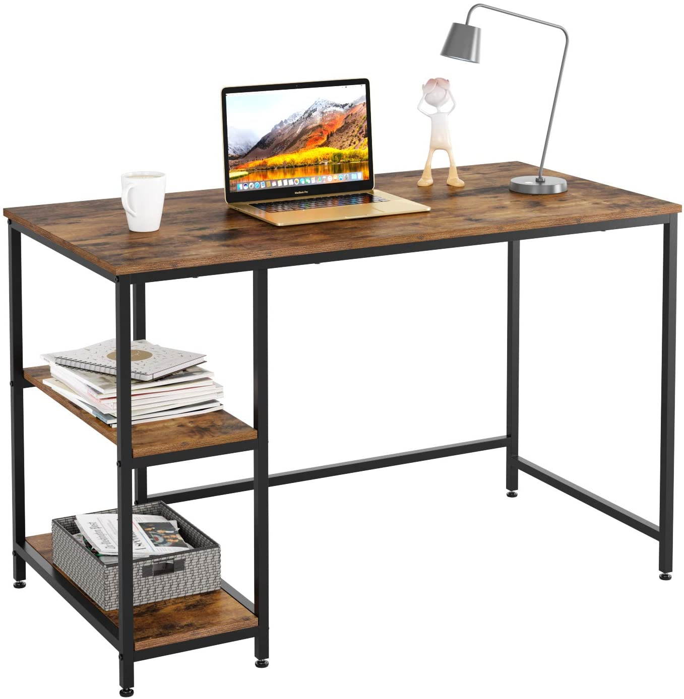 Computer Desk with 2 Shelves, 47 in Length Study Writing Table, 2-in-1 Large Office Desk with Metal Legs, Adjustable feet, Modern Furniture for Home Office, Study Room-Rustic Brown