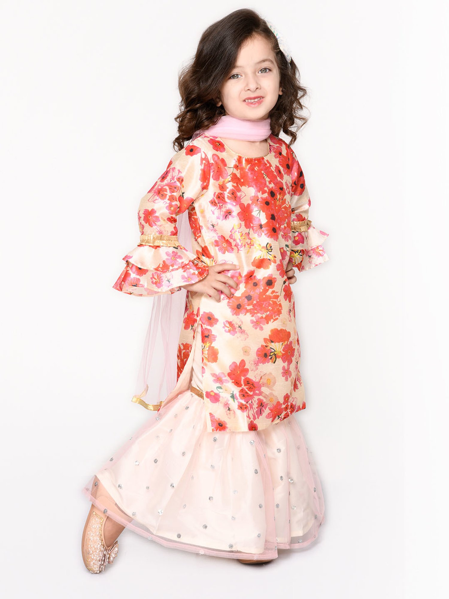 Saka Designs Kids Light Pink & Ivory Floral Print Full Sleeves Kurta with Sharara & Dupatta