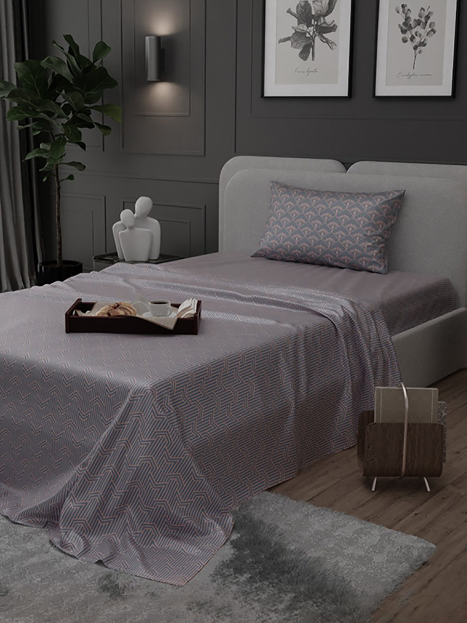 Stoa Paris Elegance Grey Polyester 300 TC Sateen Single Size Bed Sheet With 1 Pillow Cover