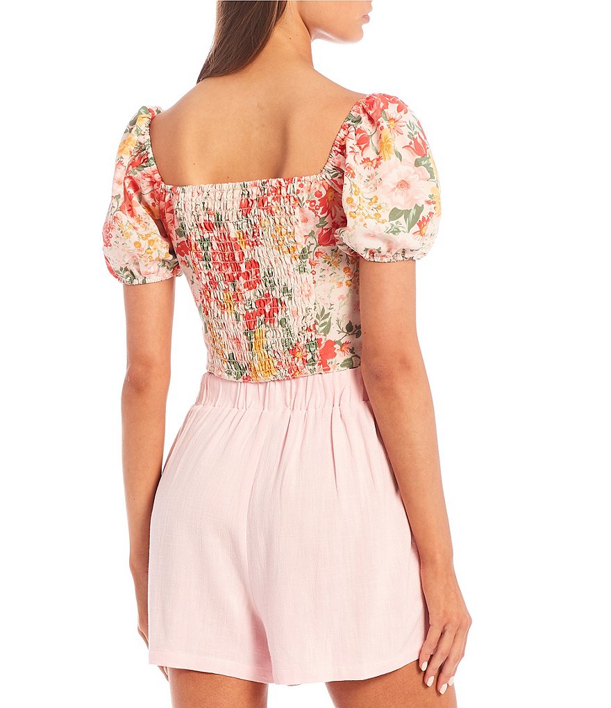 Love & Piece Puff Short-Sleeve Knot-Front Floral Print Top