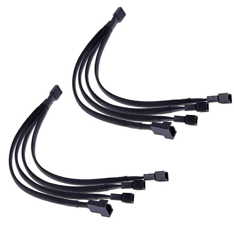 PWM Fan Splitter Cable 4 Pin Black Sleeved Case Fan Splitter Cable 1 to 4 Converter Braided Y Splitter Computer PC Fan Extension Power Cable 105 Inches 2 Pack