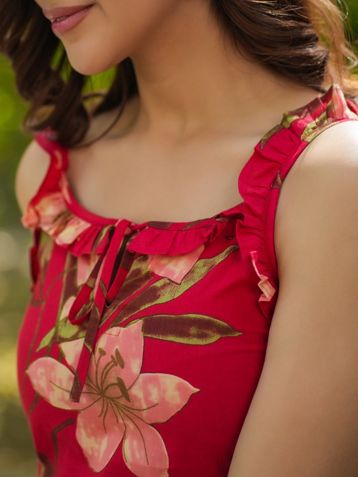 Rain and Rainbow Red Cotton Floral Print A-Line Dress