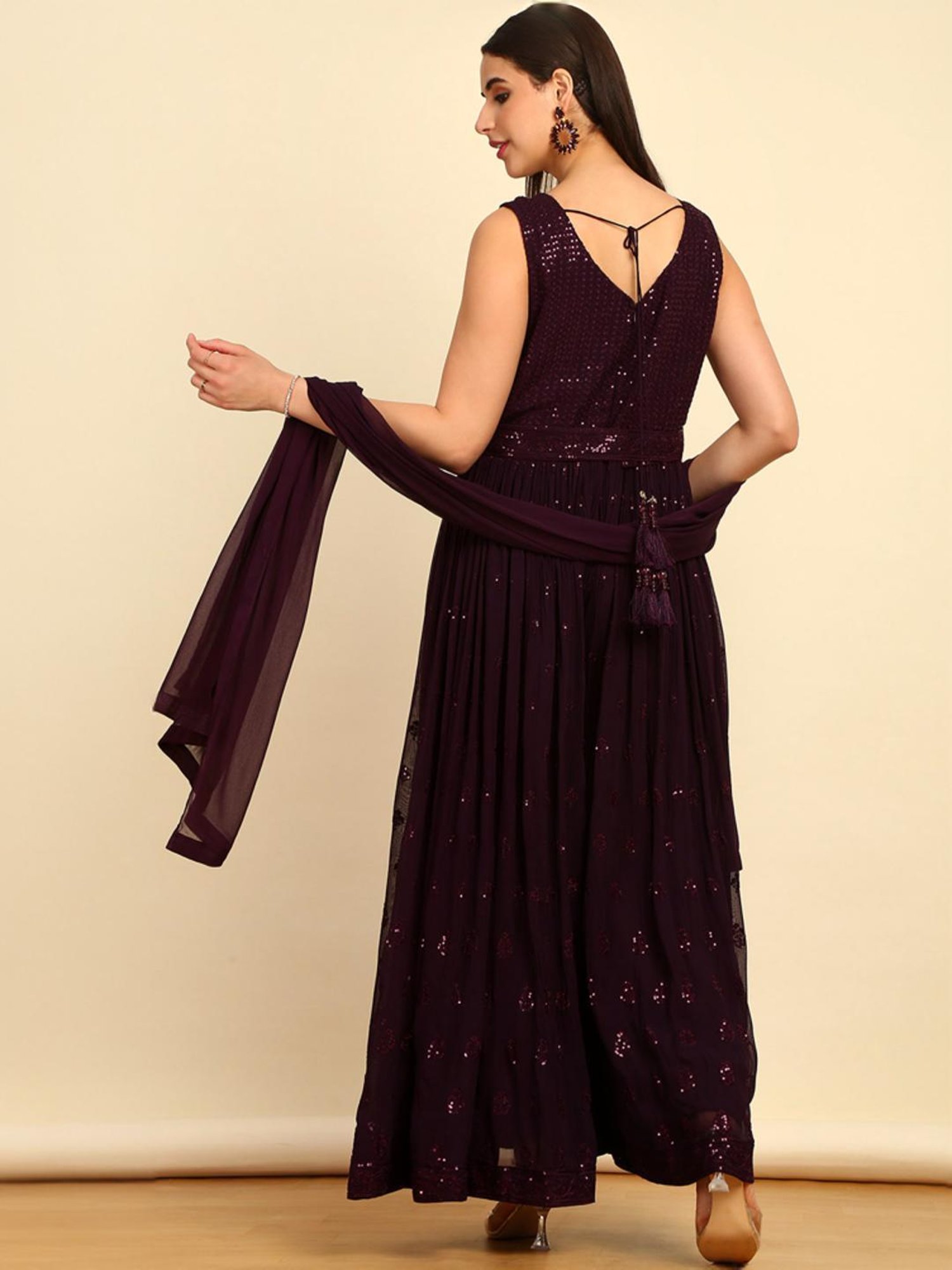 Soch Womens Wine Embellished Georgette Jumpsuit With Dupatta & Belt