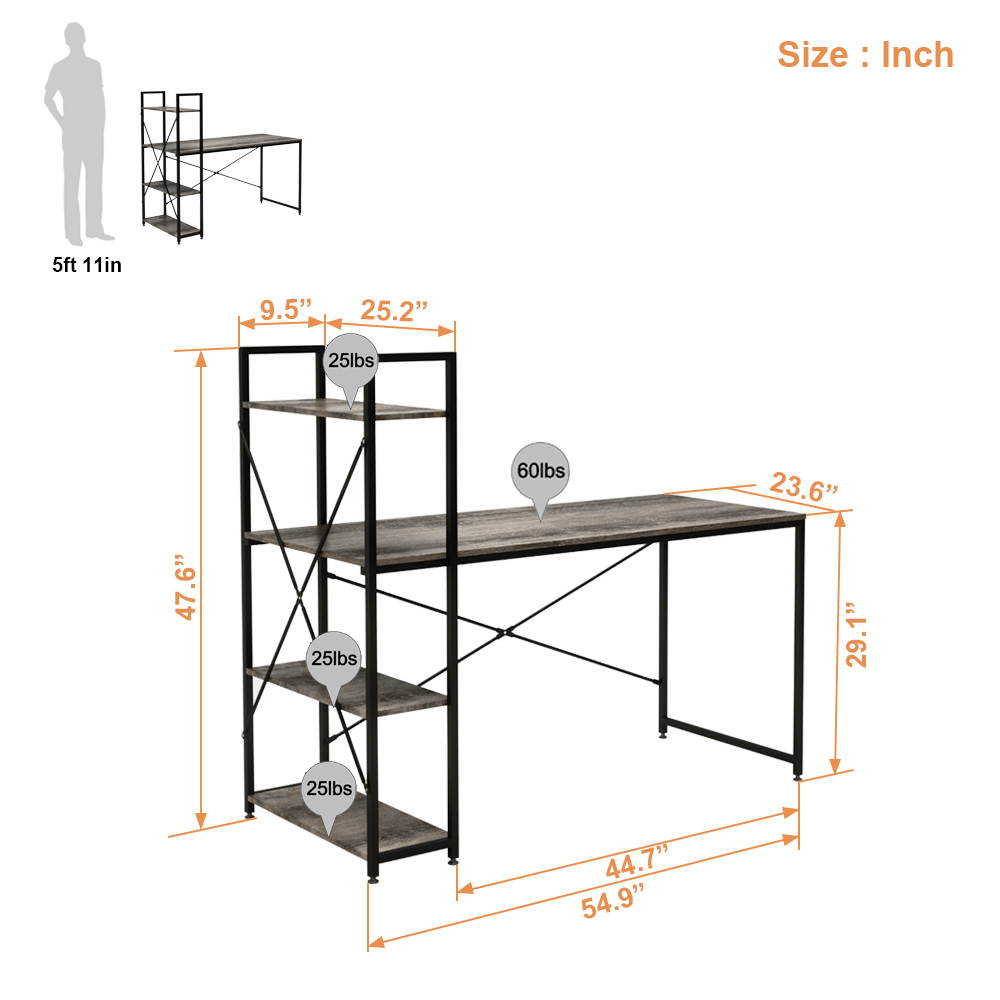 Bestier 63 Inch Computer Desk with Storage Shelves, Modern Bookshelf Desk with Headphone Hook Large Workstation Writing Desk with Reversible Bookshelves Home Office Work Table Study Desk Grey