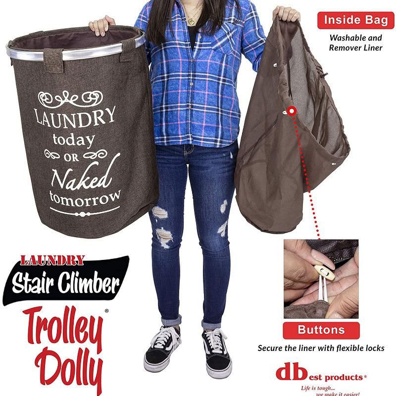 dbest products 38 Inch Stair Climber Trolley Dolly with Laundry Hamper Utility Cart with Removable Washable Liner, Brown