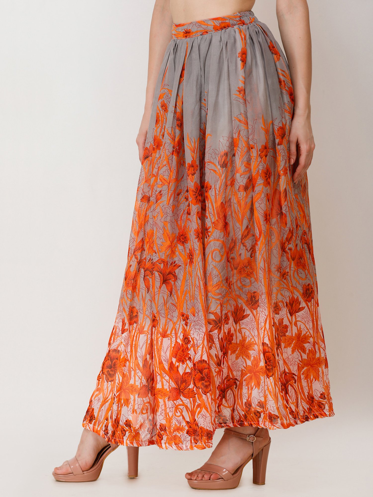 Scorpius Grey & Orange Georgette Floral Print Skirt