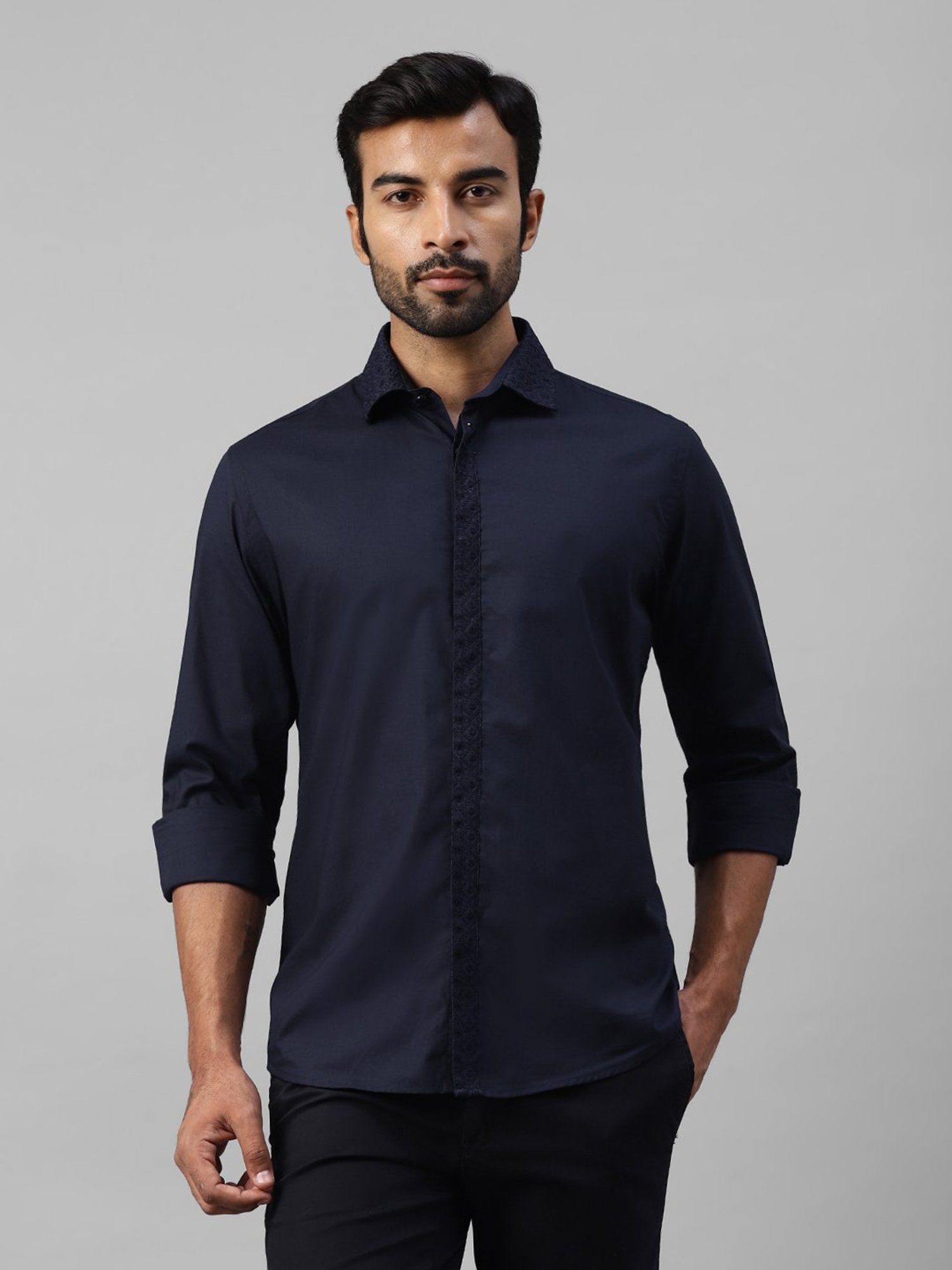 Don Vino Navy Regular Fit Self Design Shirt