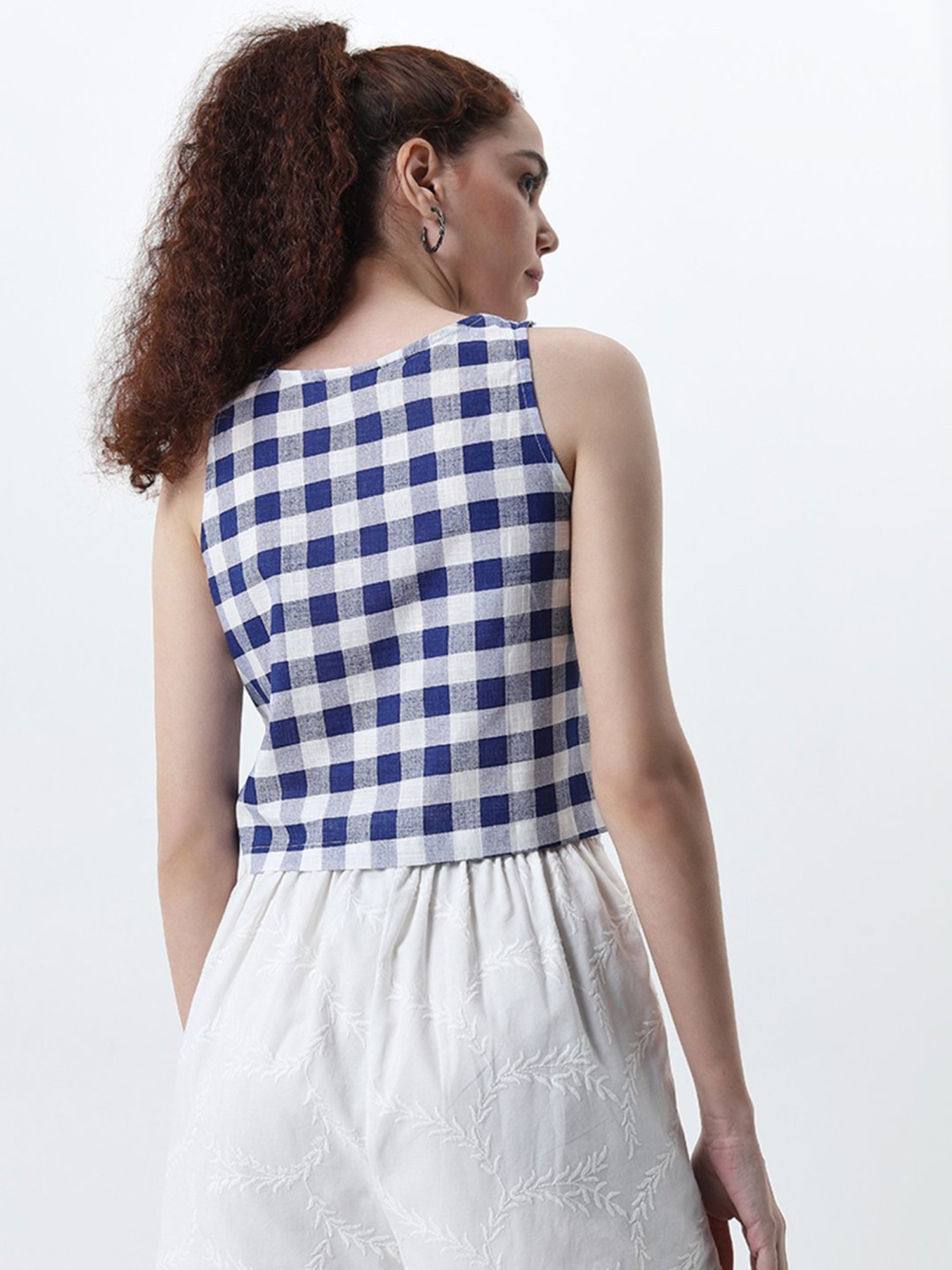 Bombay Paisley by Westside Blue Checkered Print Cotton Top