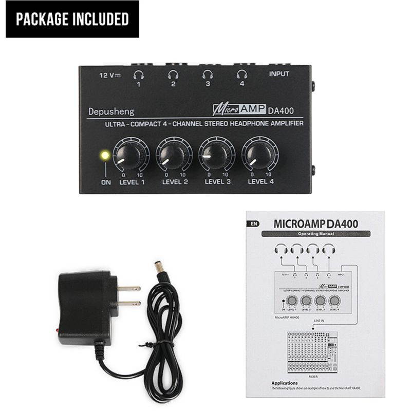 Depusheng DA400 Ultra-Compact 4 Channels Mini Audio Stereo Headphone Amplifier with Power Adapter Black