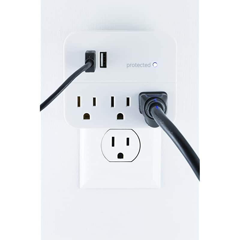 Sur Protector Wall Tap Charging Station 3 Outlets 2 USB Charr Ports 3 Prong Power Outlet Extender Blue LED Protected Indicator Light 560 Joules Warranty UL Listed White 14512