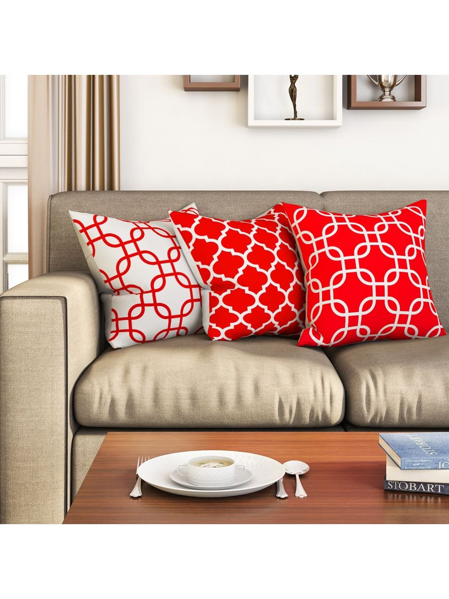 Swayam Red & White Cotton 60 cm x 60 cm Cushion Covers - Set of 5