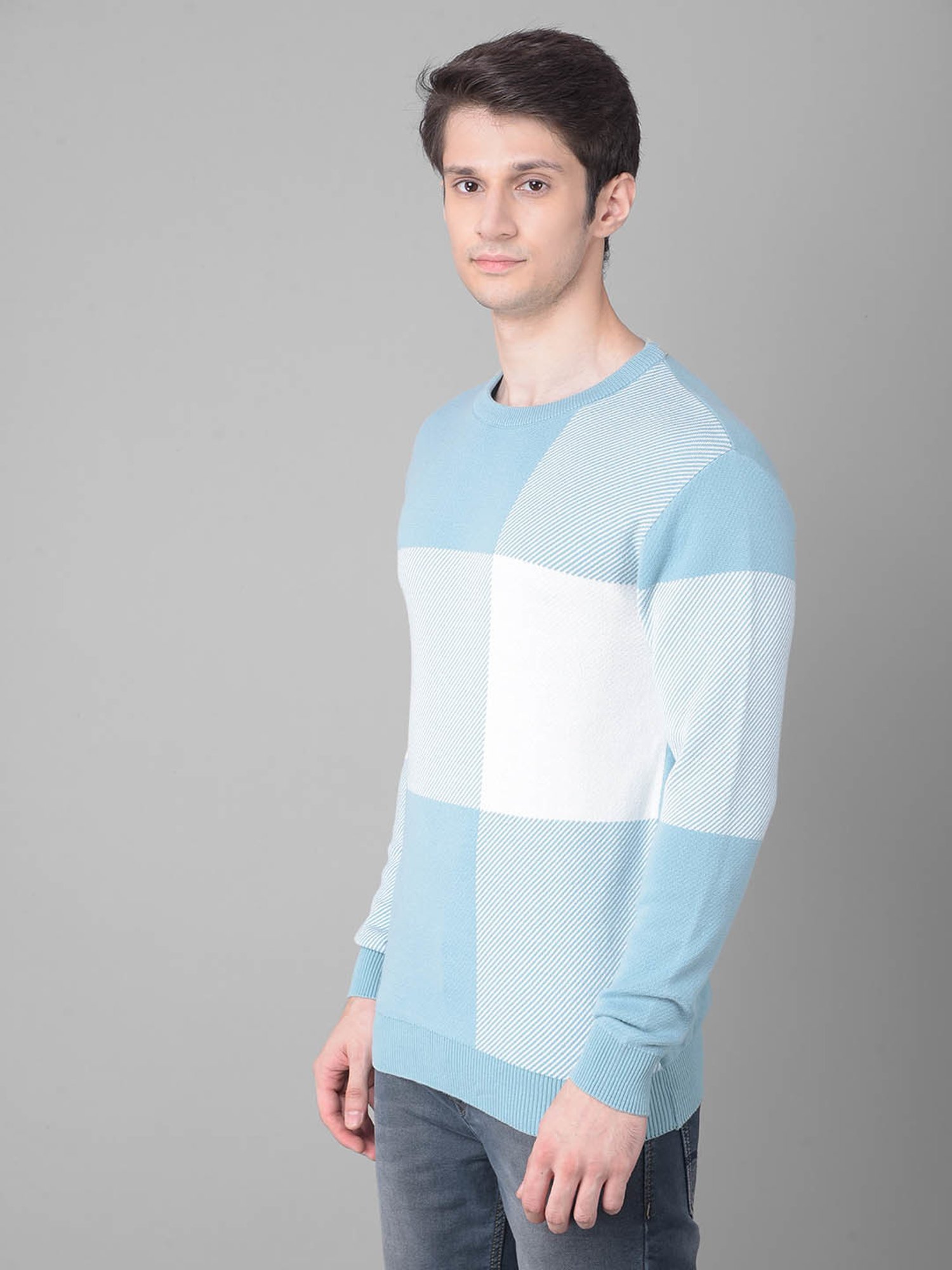 Crimsoune Club Blue Cotton Regular Fit Checks Sweater