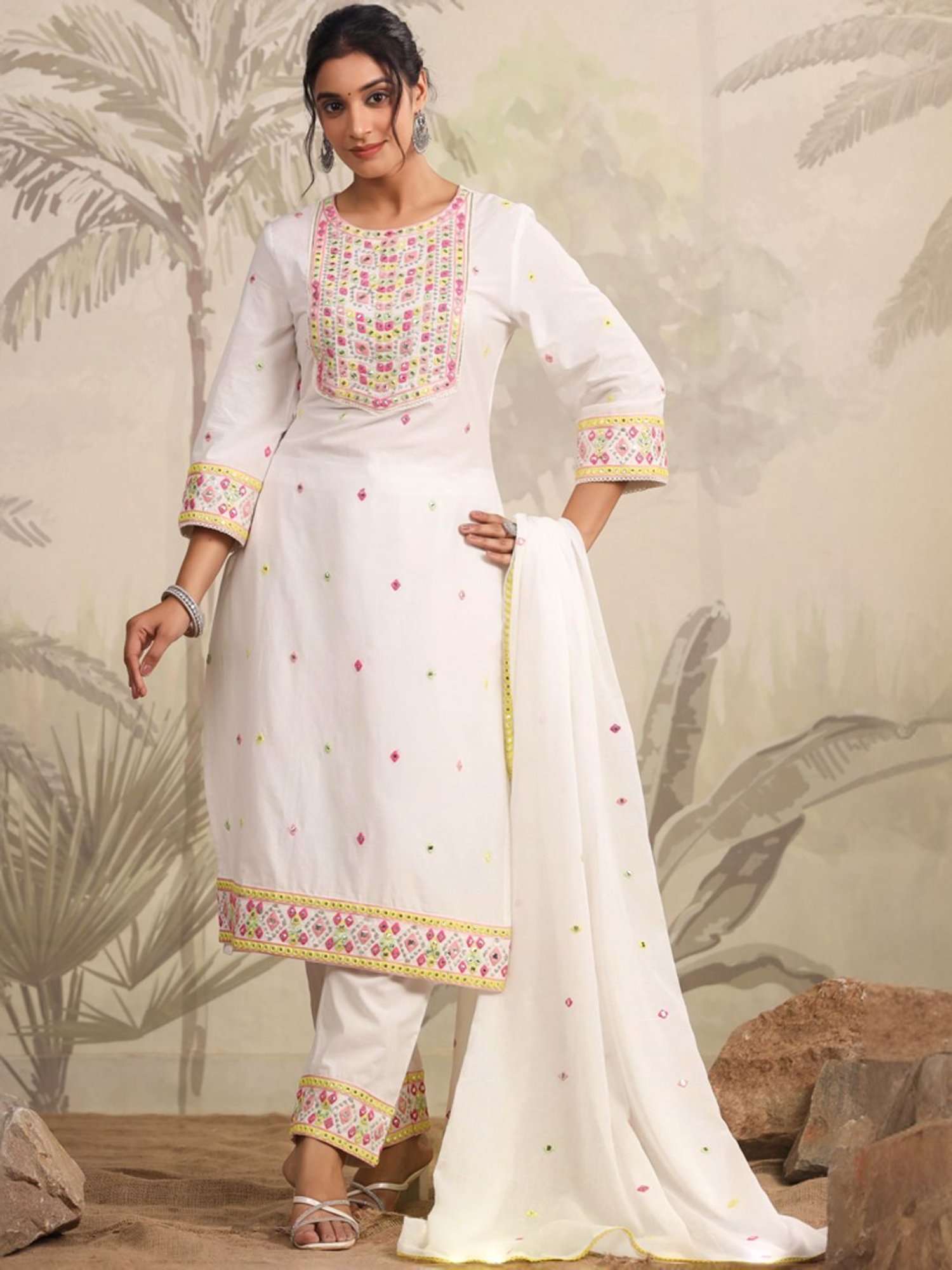 SCAKHI White Cotton Embroidered Kurta Pant Set With Dupatta