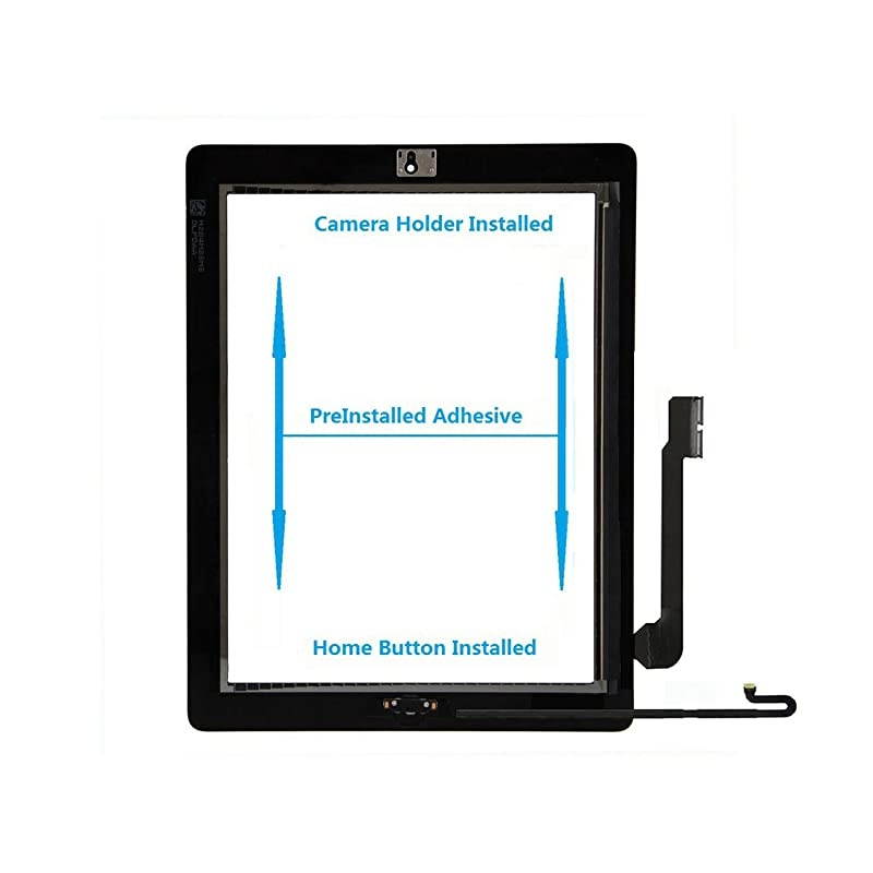 Touch Screen Digitizer Replacement Assembly for Black iPad 4 Model A1458 A1459 A1460 with Home Button Camera Holder Preinstalled AdhesiveFrame Bezel Tool Kit