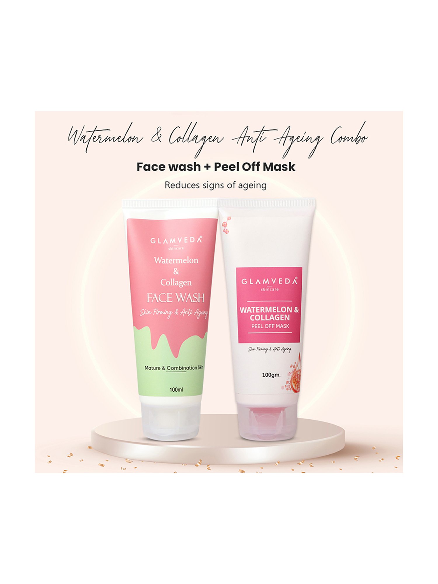 Glamveda Watermelon & Collagen Anti Ageing Face Wash and Peel Off Mask Combo