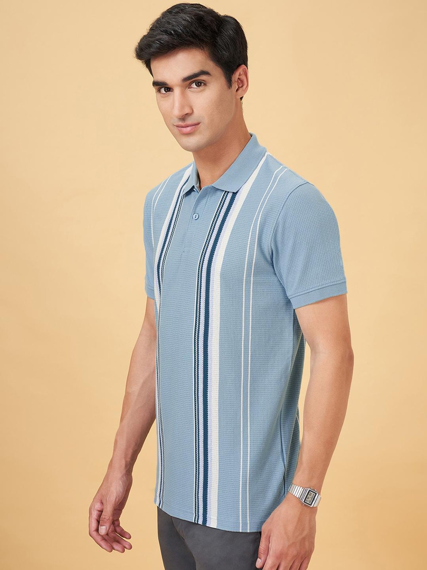 Byford By Pantaloons Blue Slim Fit Striped Polo T-Shirt