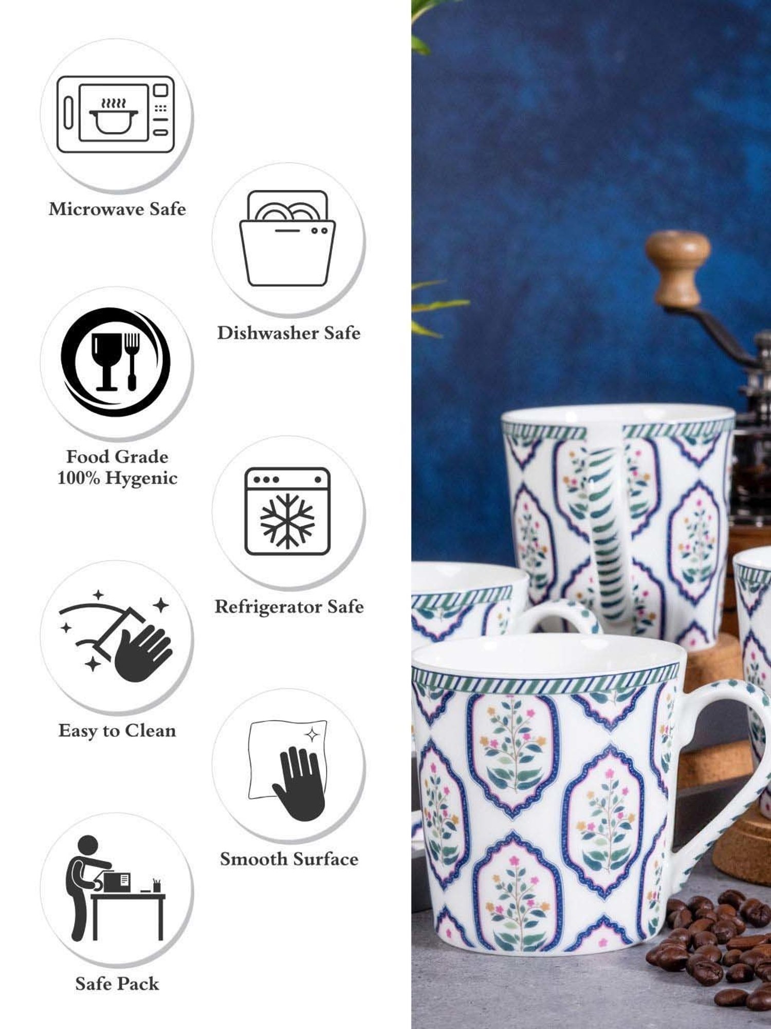 Goodhomes White & Blue Bone China Coffee Mug (0.32 L) - Set of 4