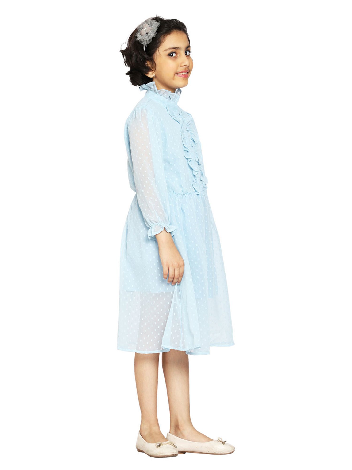 Kiddopanti Kids Blue Self Design Full Sleeves Dress