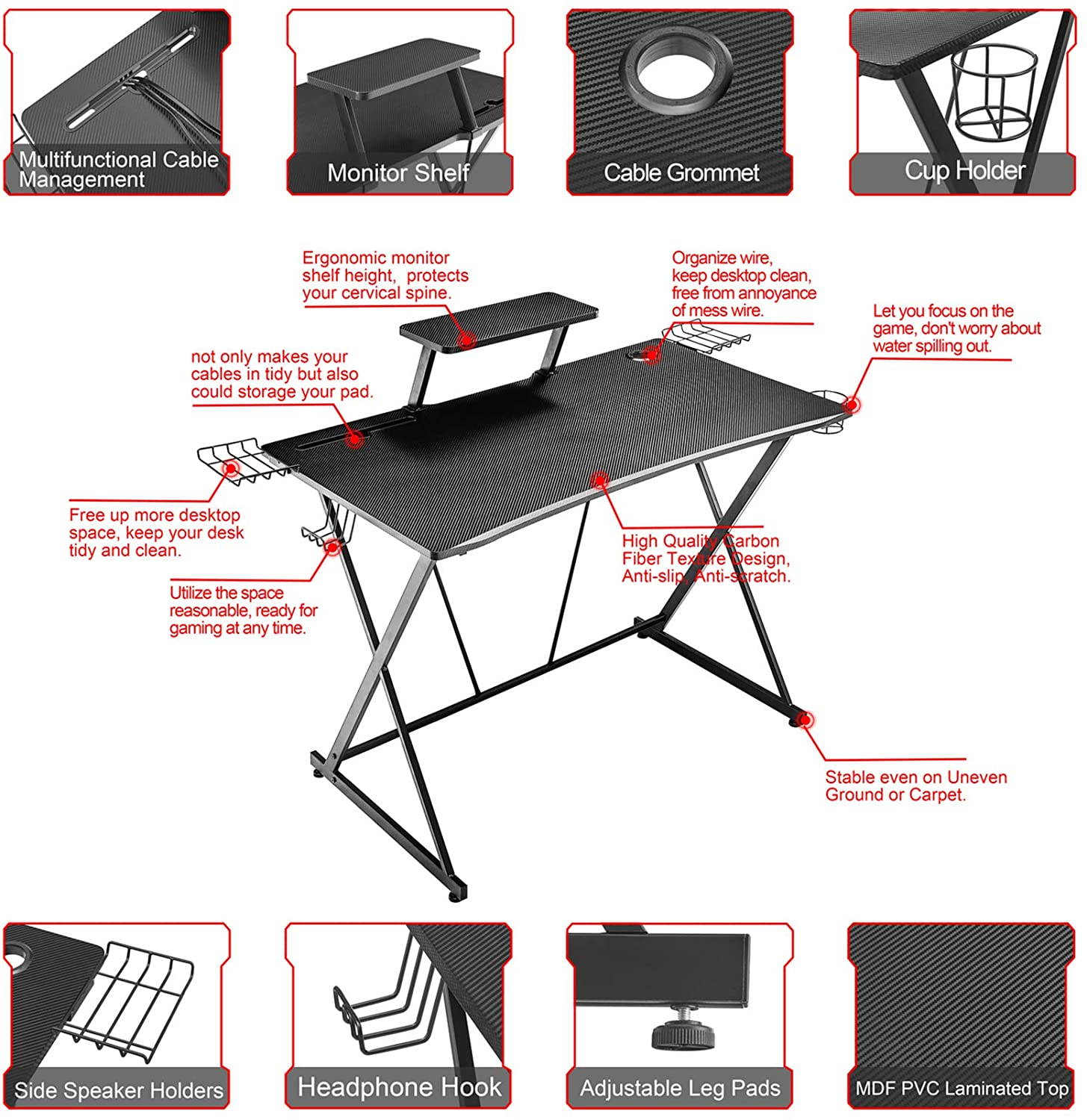 Gaming Desk 41.7" W x 23.6" D with Monitor Stand, Black Home Office Computer Desk with Cup Holder, Headphone Hook, Speaker Holders and Cable