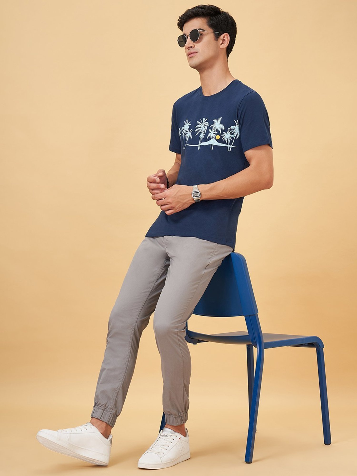 Urban Ranger By Pantaloons Dark Blue Cotton Slim Fit Printed T-Shirt