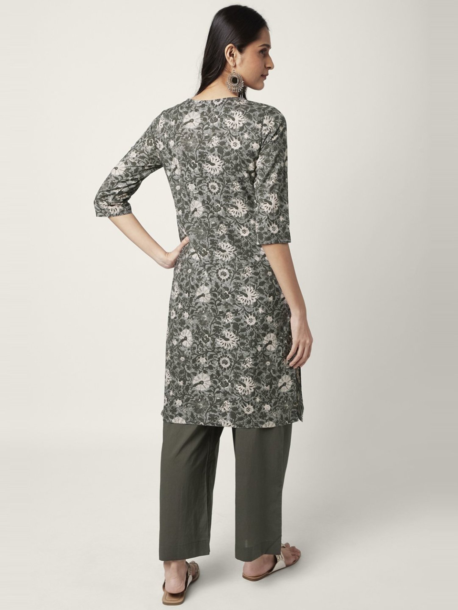 Rangmanch by Pantaloons Grey Cotton Floral Print Kurta Palazzo Set