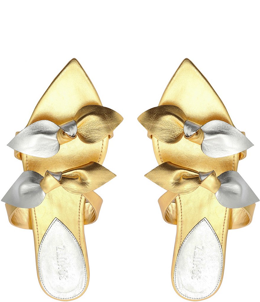 Schutz Elora Flat Bow Knot Metallic Leather Sandals