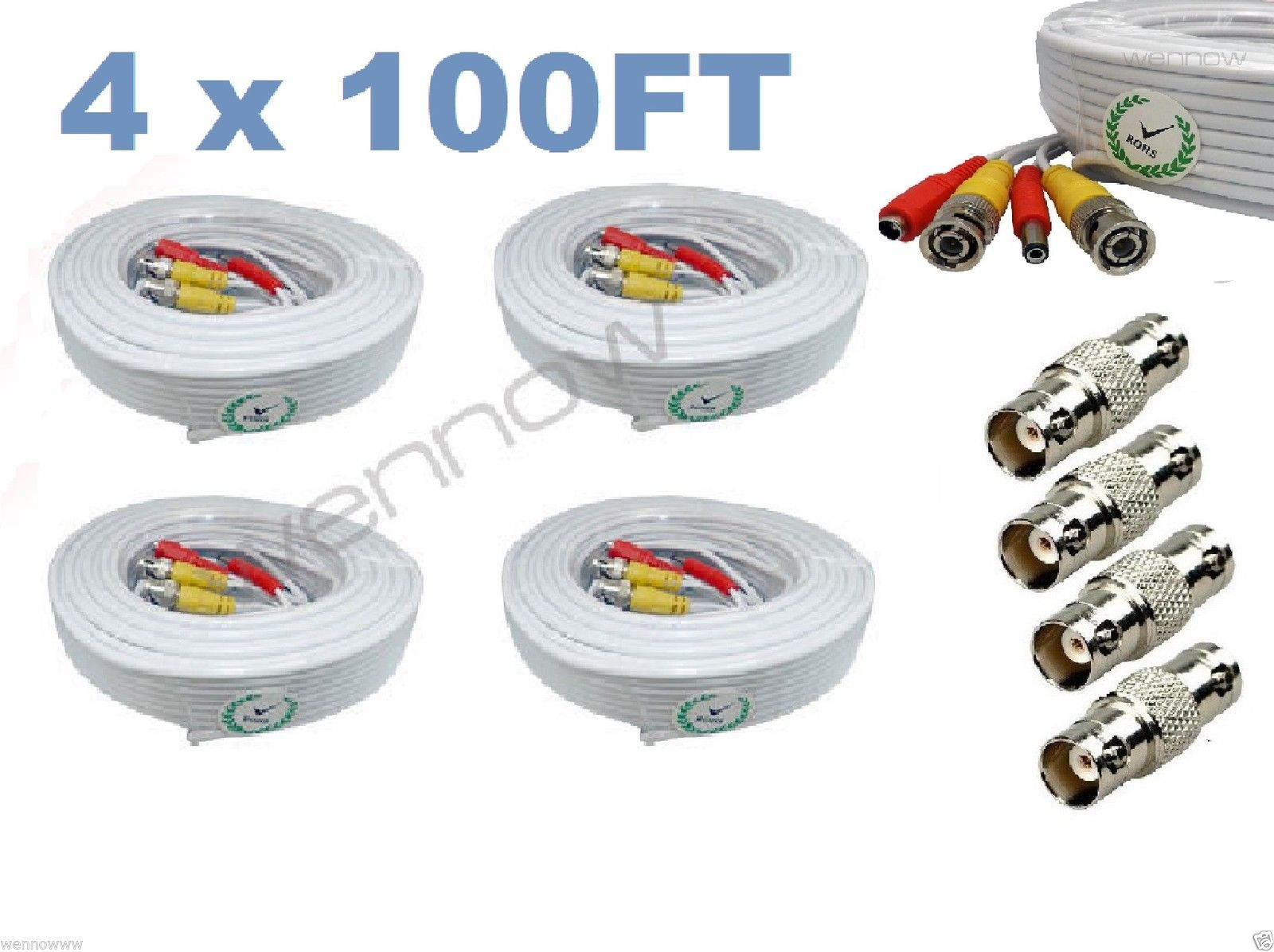 wennow 4 PACK PREMIUM 100Ft.THICK BNC EXTENSION CABLES FOR Lorex SYSTEMS White color