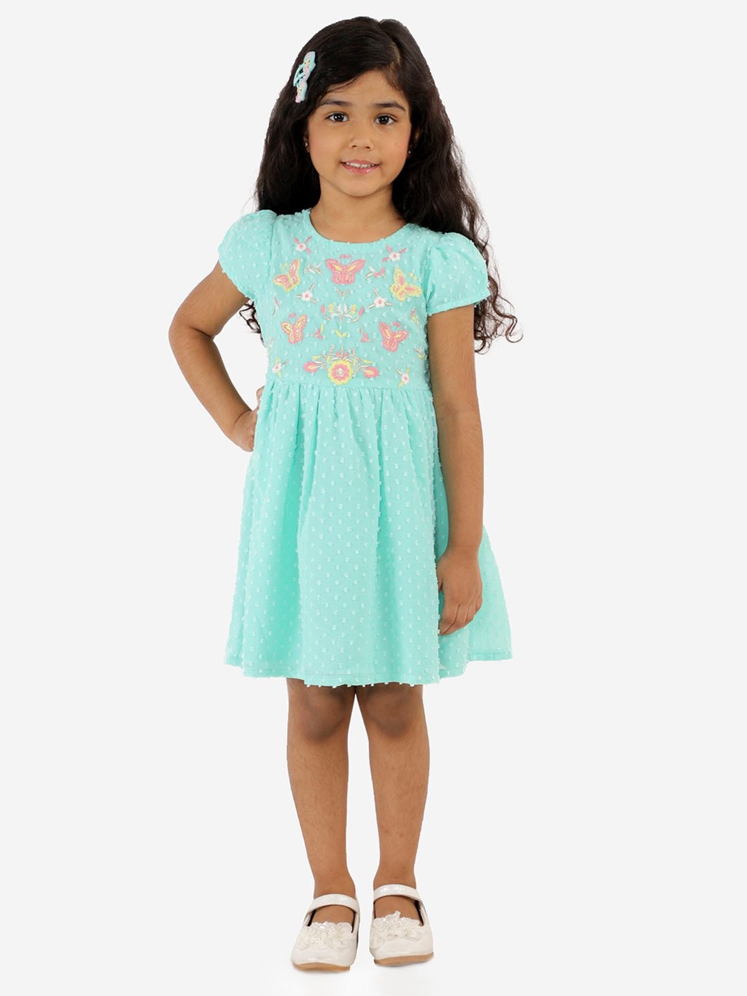 Lil Drama Kids Sea Green Embroidered Dress