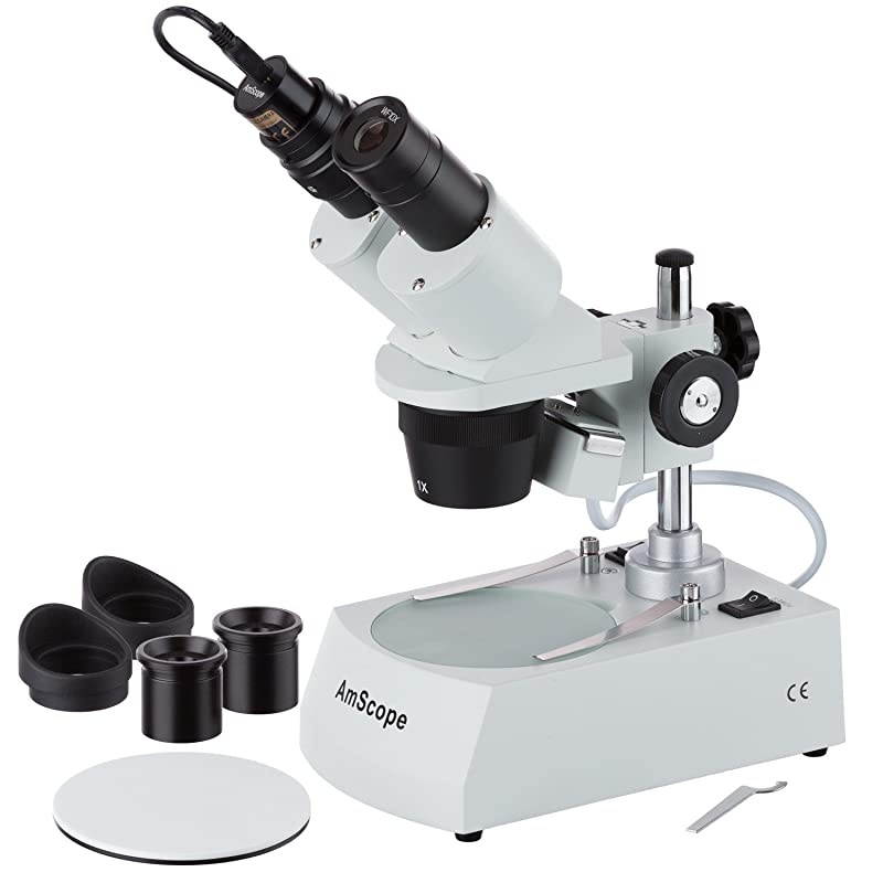 SE305R-PZ-E1 Digital Forward-Mounted Binocular Stereo Microscope, WF10x and WF20x Eyepieces, 10X/20X/30X/60X Magnification, 1X and 3X Objectives, Upper and Lower Halogen Lighting, Reversible Black/Wh