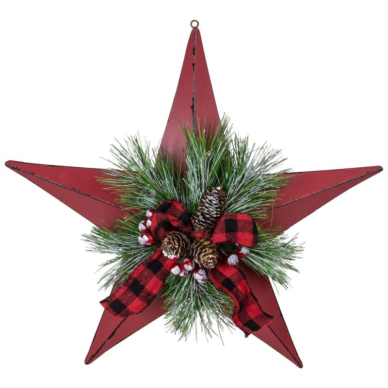 Northlight 17" Red distressed 5 point Christmas Star With Plaid Ribbon with Artificial Pine