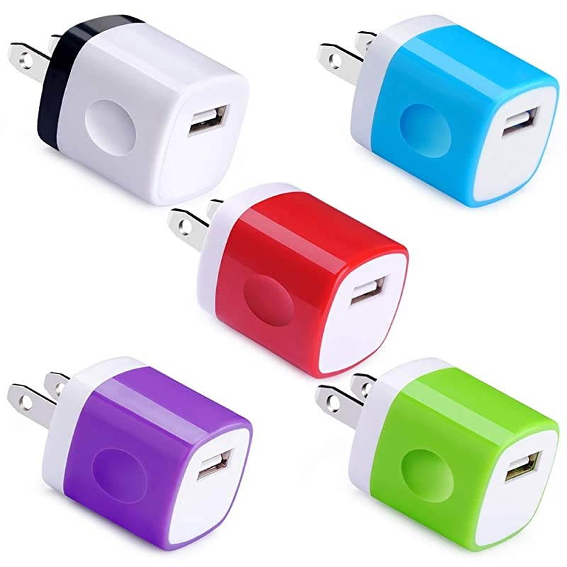 Wall Charger,  1Amp 5V One Port Power Adapter 5 Pack USB Plug Cube Block Box Compatible iPhone 12 11 Xs XR X 8 7 6S 6 Plus 5, Samsung S21 S20 S9 S8 Note 20/9/8 S7 Edge, LG G7, Google, BlackBerry