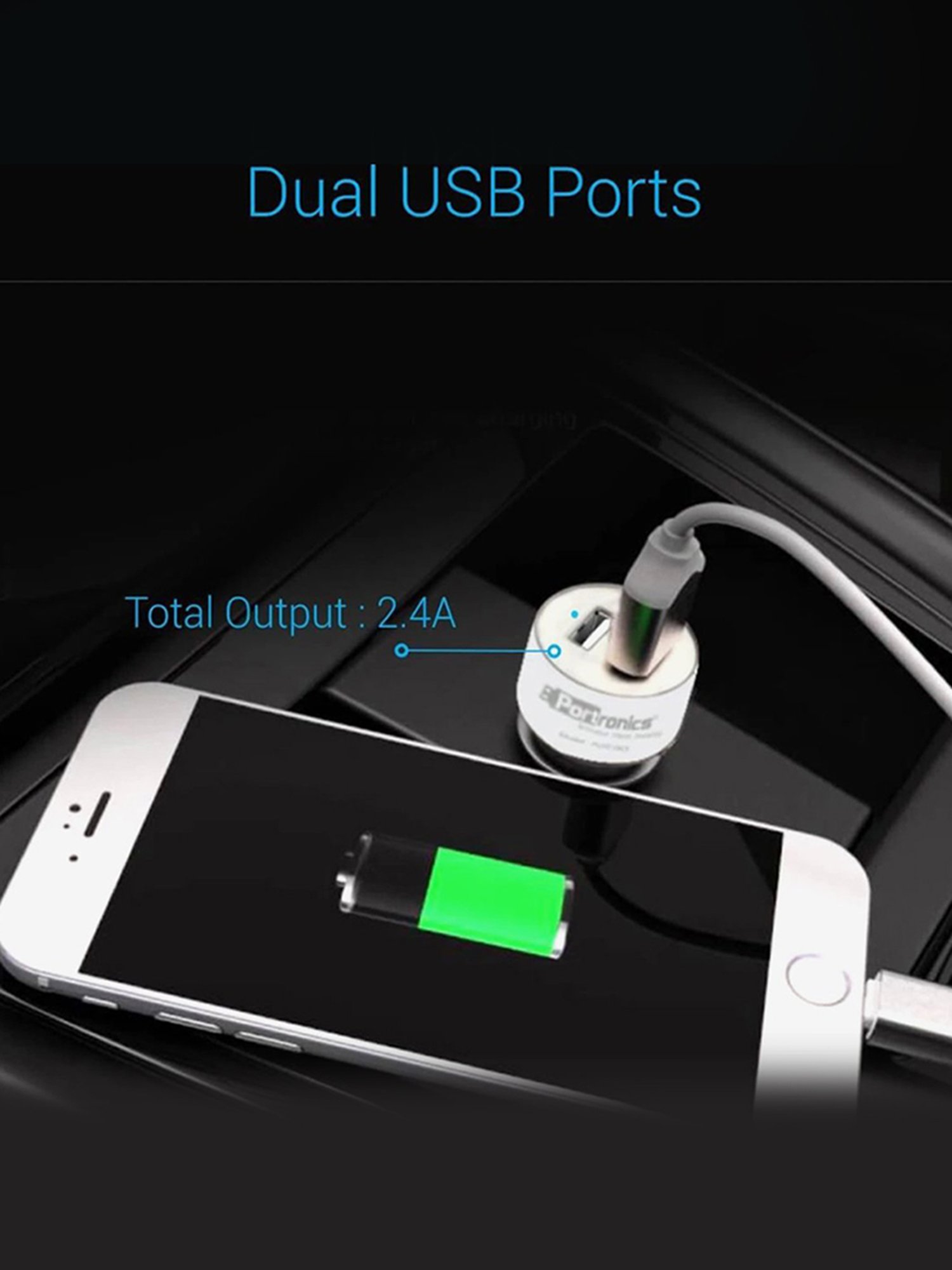 Portronics Car Power 2T 2.4A Car Charger with Dual USB Ports (White)