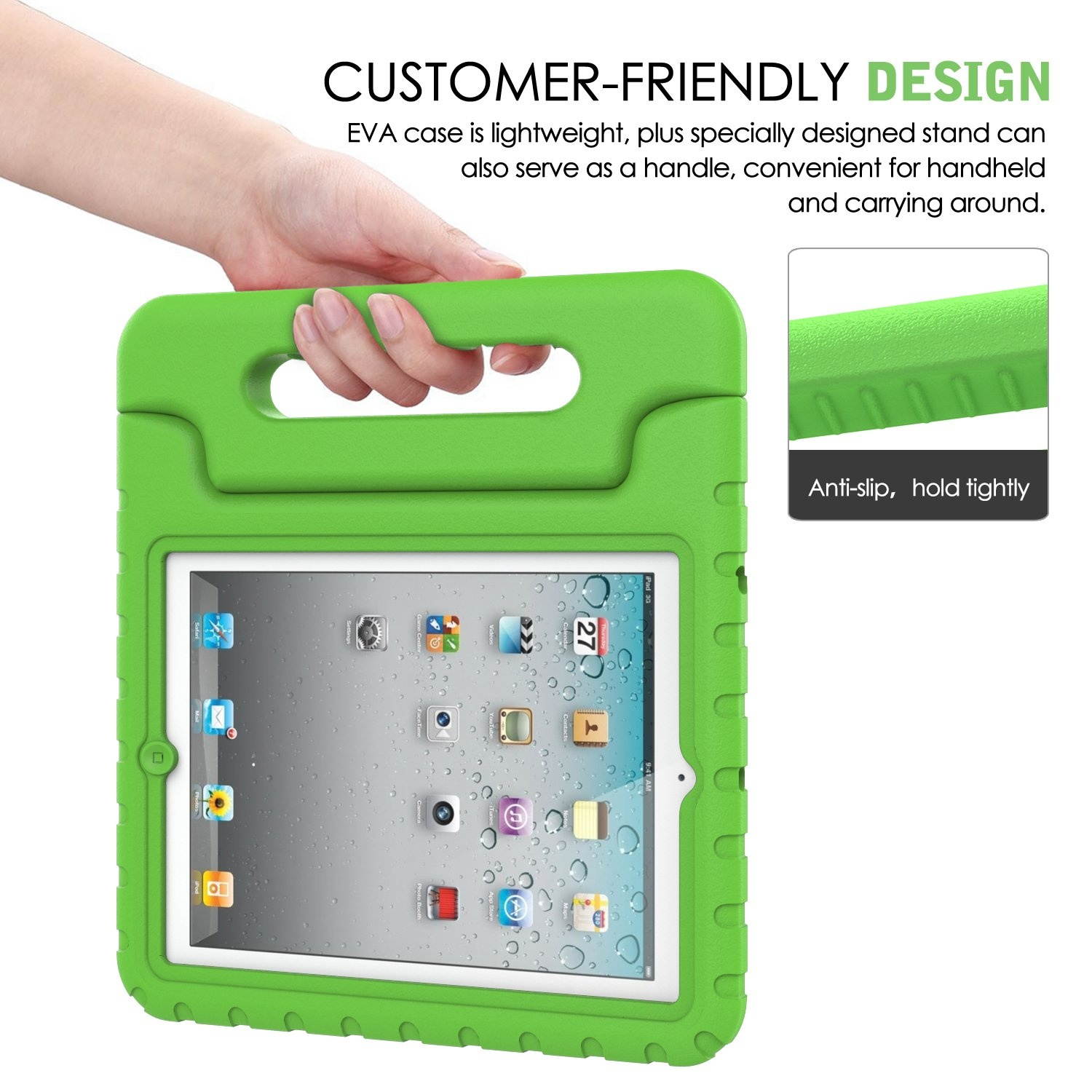 MoKo Case Fit iPad 2/3 / 4 - Kids Shock Proof Convertible Handle Light Weight Super Protective Stand Cover Compatible with iPad 2 / The New iPad 3 (3rd Gen) / iPad 4, Green