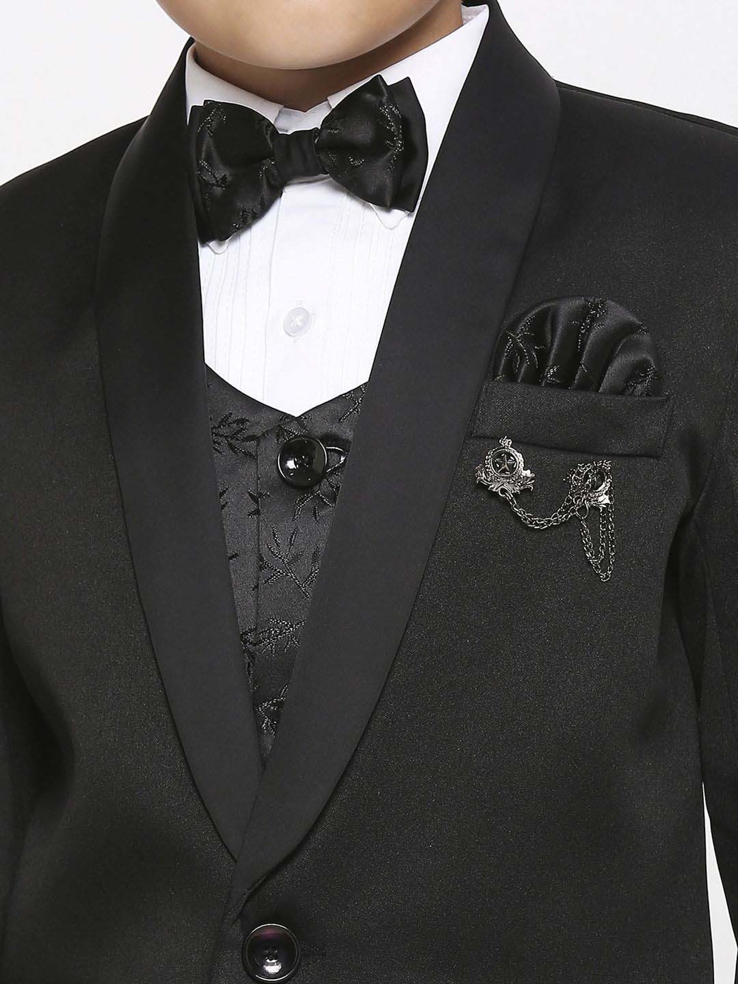 Kids Island Boys Black & White Jacquard Full Sleeves Suit Set