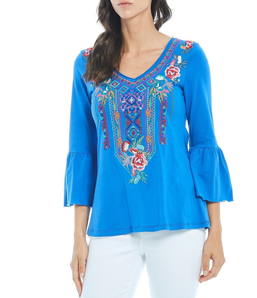 Calessa Knit Jersey Floral Embroidery 3/4 Bell Sleeve Shirt