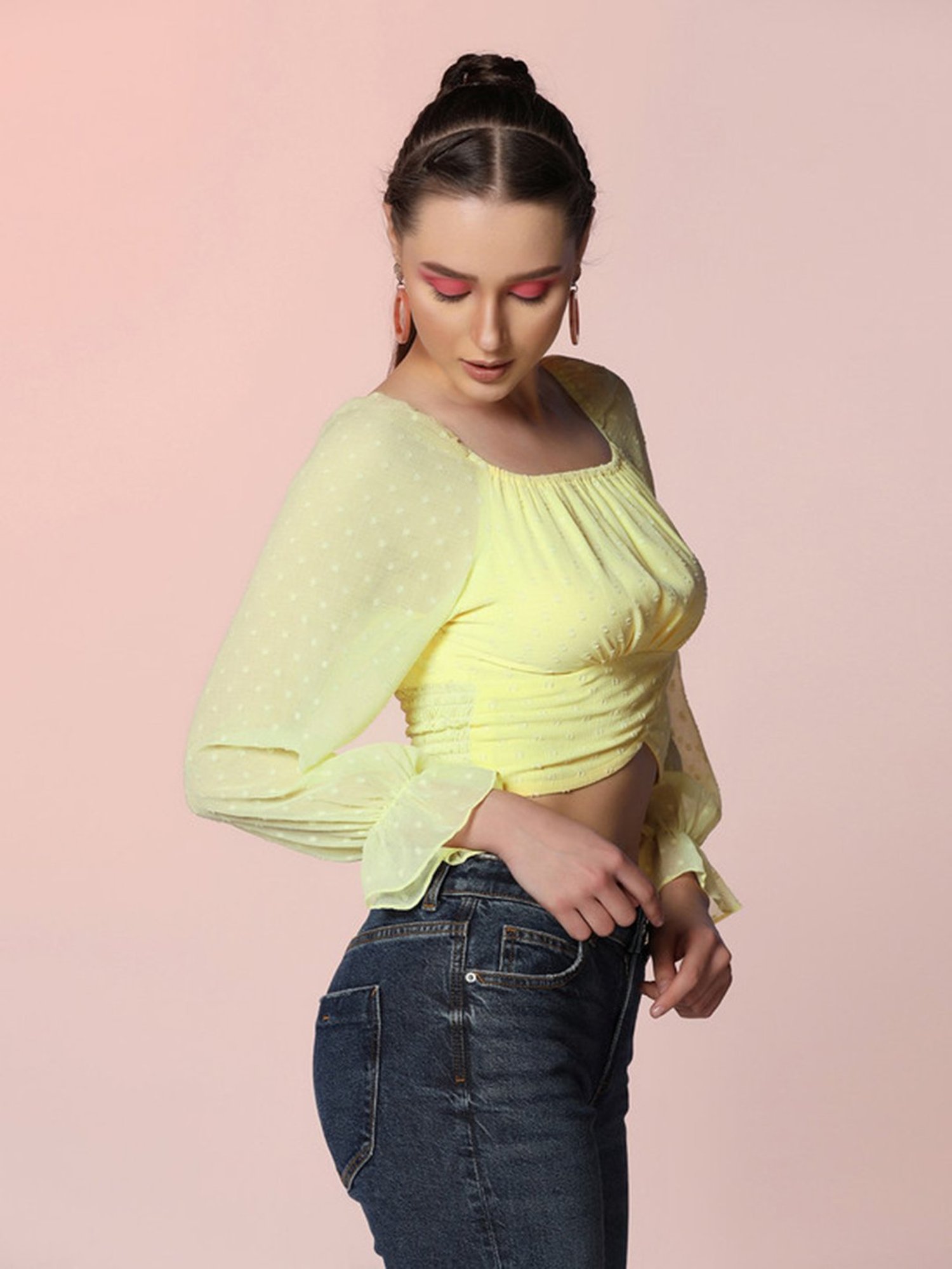 SELVIA Light Yellow Self Design Crop Top