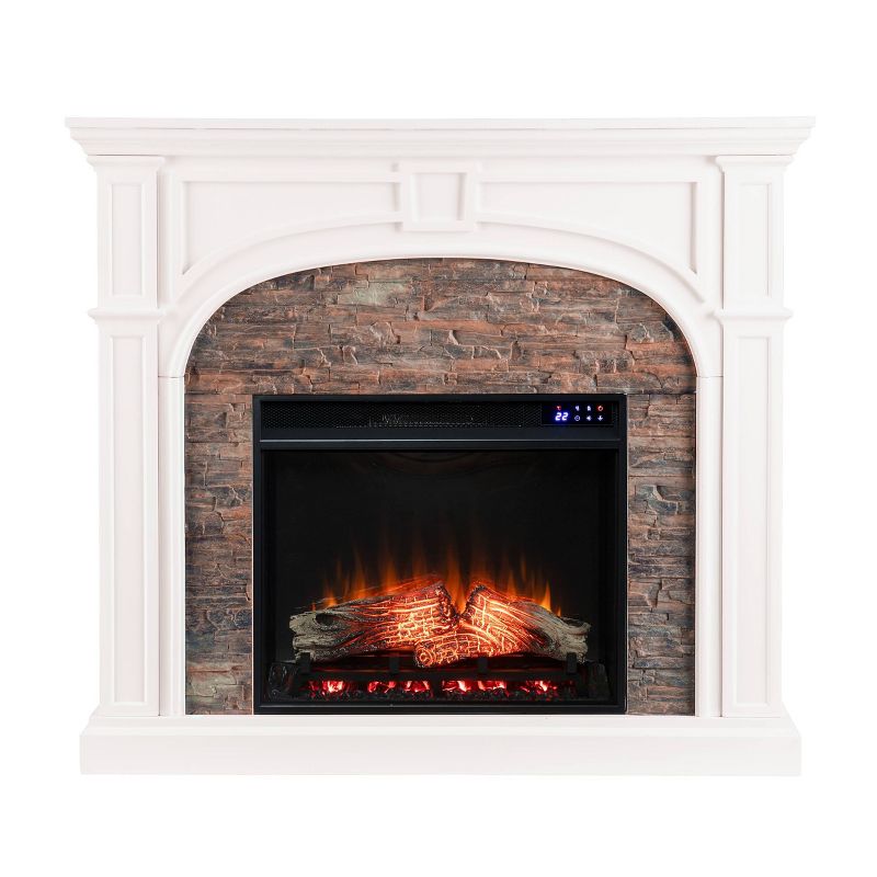 Southern Enterprises Tasha Touch Panel Electric Fireplace with Faux Stone White