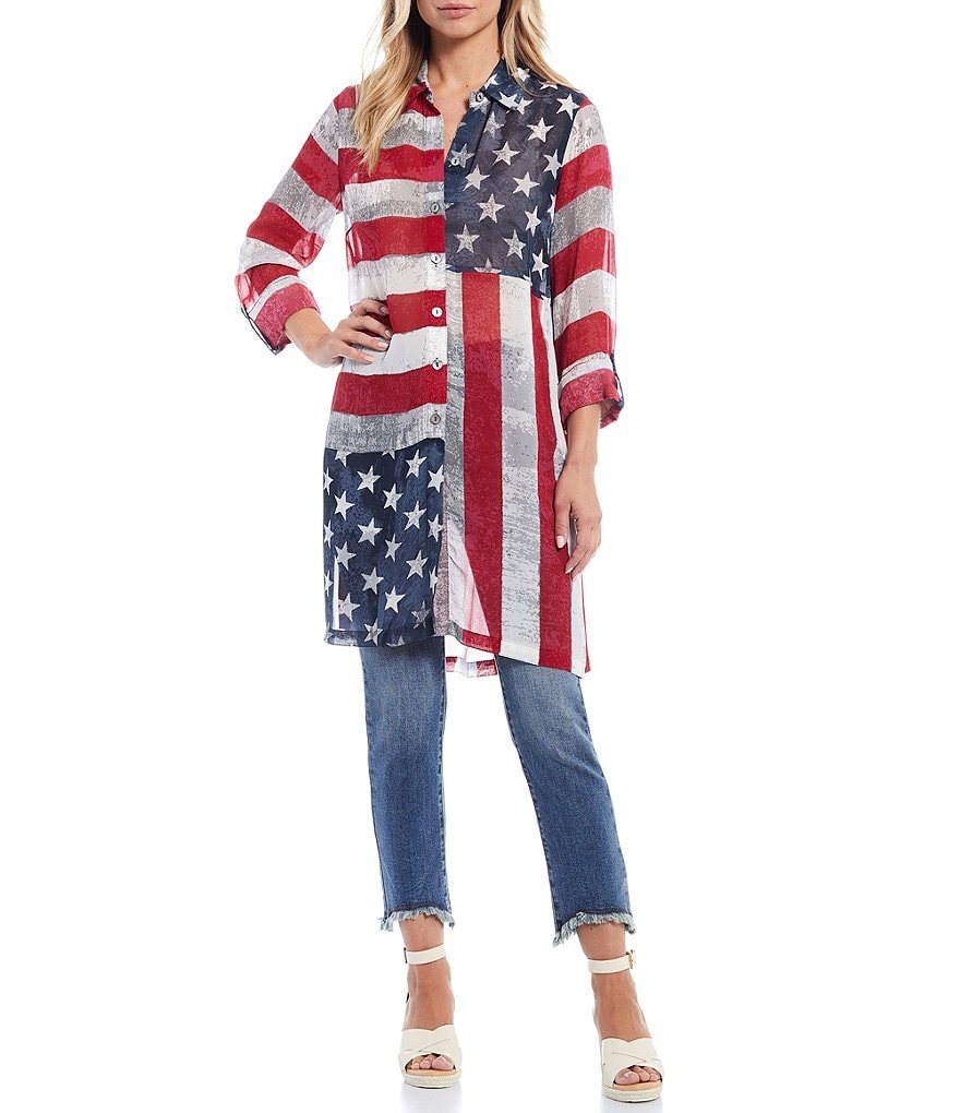John Mark Americana Roll Tab Sleeve Button Front Long Tunic