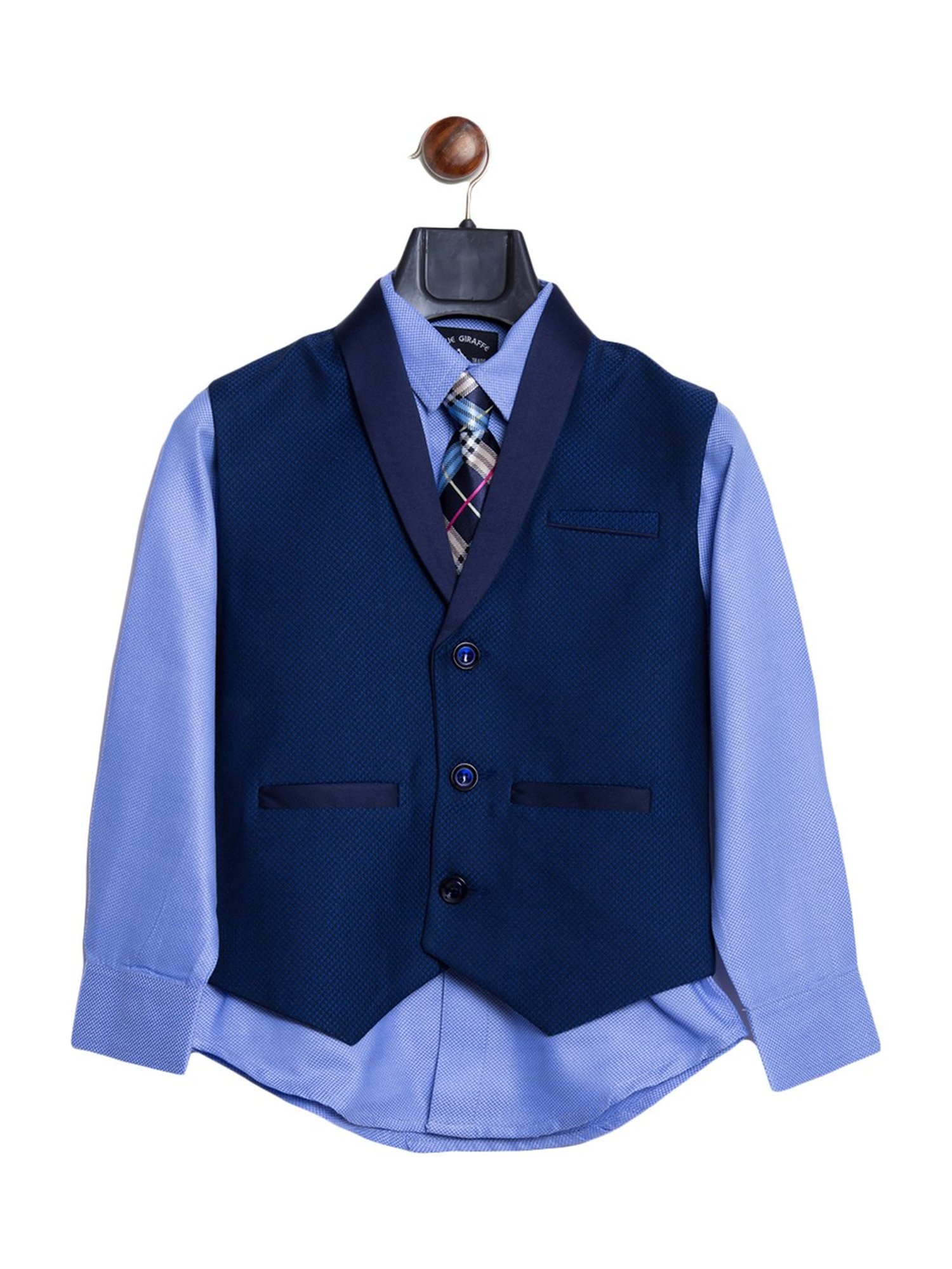 Blue Giraffe Kids Blue Self Pattern Shirt With Waist Coat