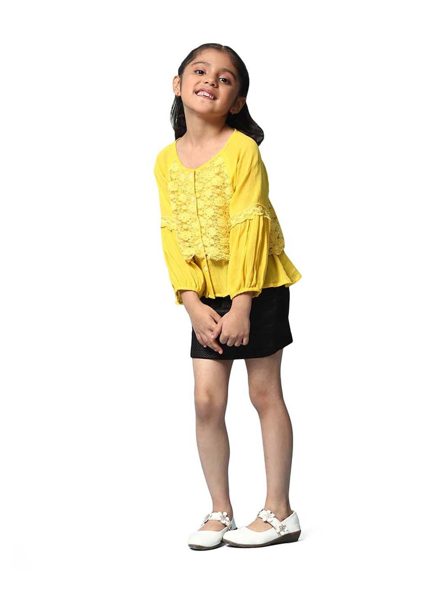 BIBA Girls Yellow Cotton Embroidered Full Sleeves Top